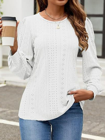 Eyelet Round Neck Long Sleeve Top – product image 5