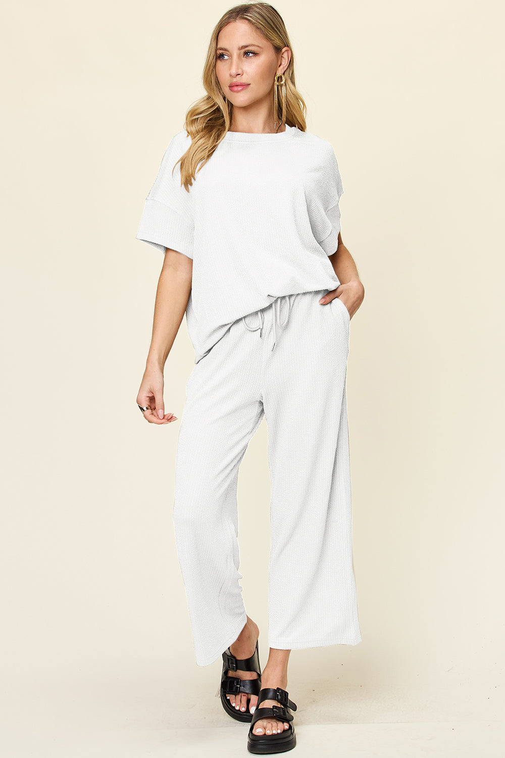 Double Take Full Size Texture Round Neck Short Sleeve T-Shirt and Wide Leg Pants – product image 30