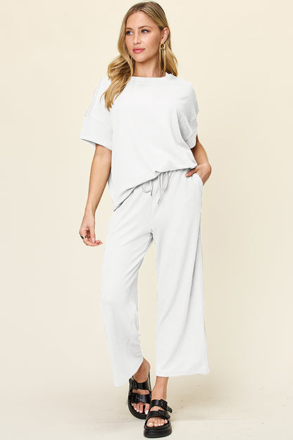 Double Take Full Size Texture Round Neck Short Sleeve T-Shirt and Wide Leg Pants – product image 30