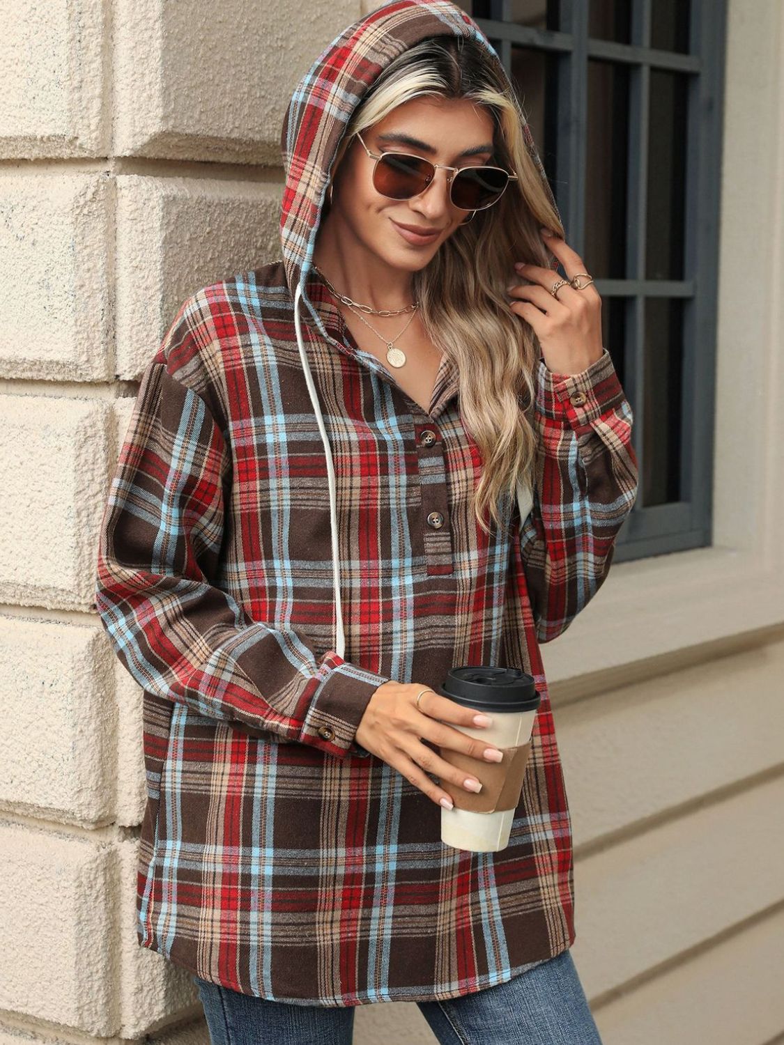Drawstring Plaid Hooded Long Sleeve Top – product image 13