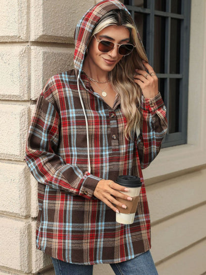 Drawstring Plaid Hooded Long Sleeve Top – product image 13