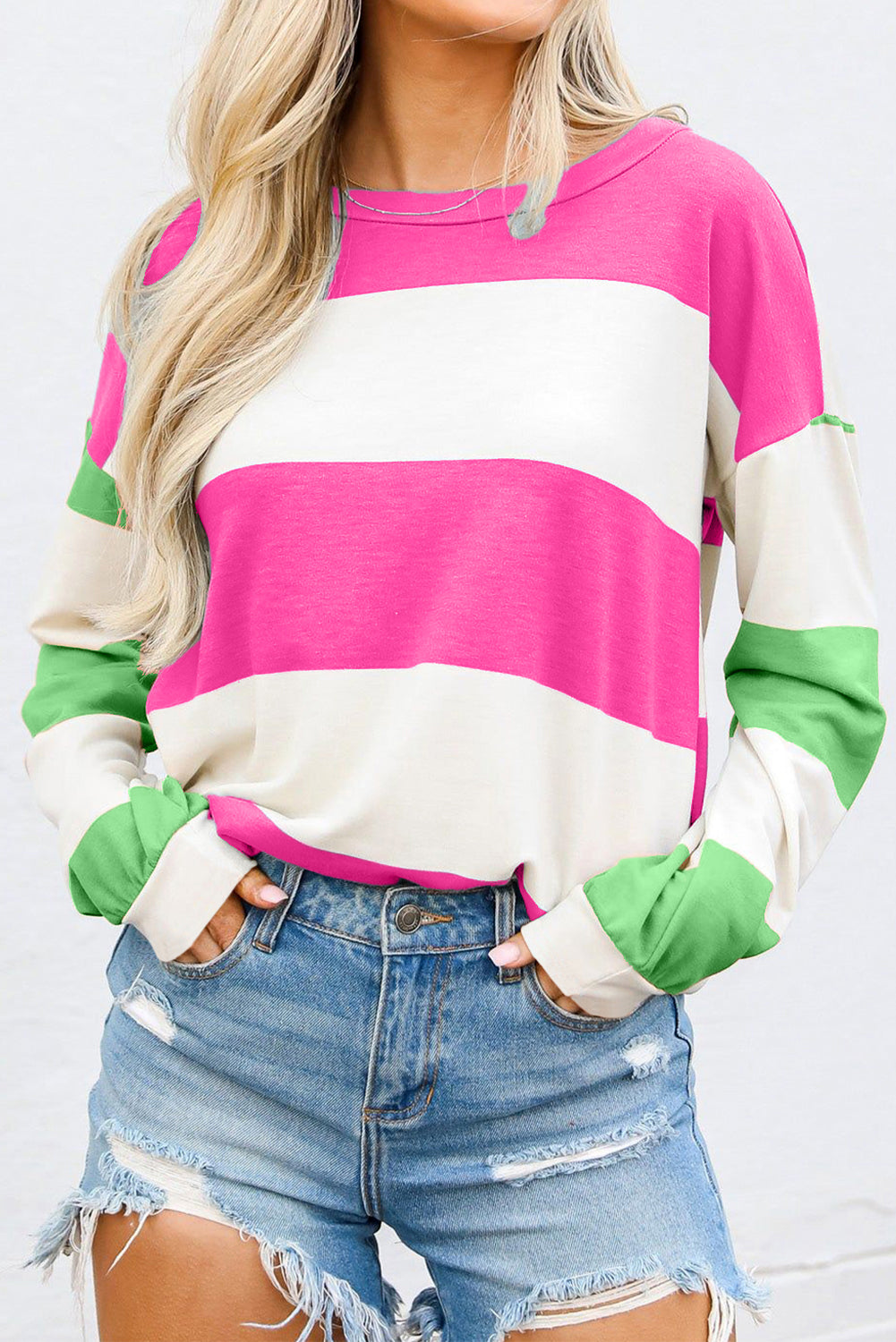 Contrast Color Block Round Neck Long Sleeve Top – product image 6