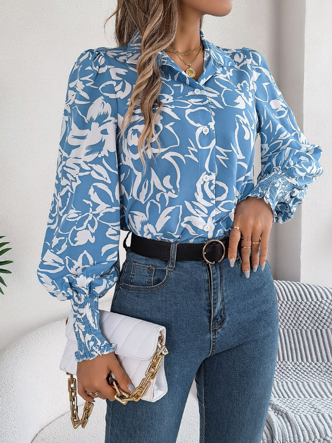Printed Collared Neck Lantern Sleeve Shirt – product image 4