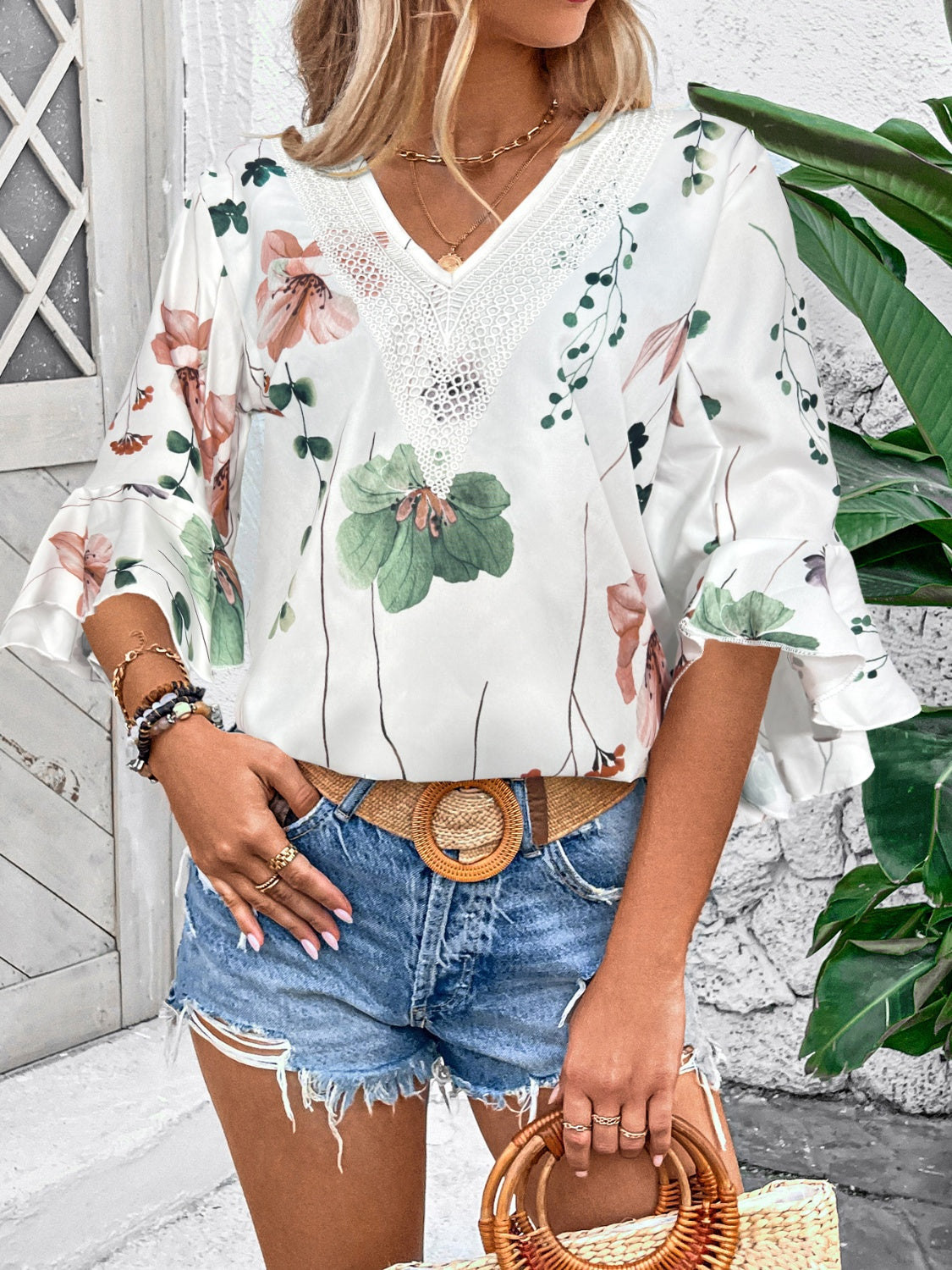 Ruffled Printed V-Neck Half Sleeve Blouse – product image 5