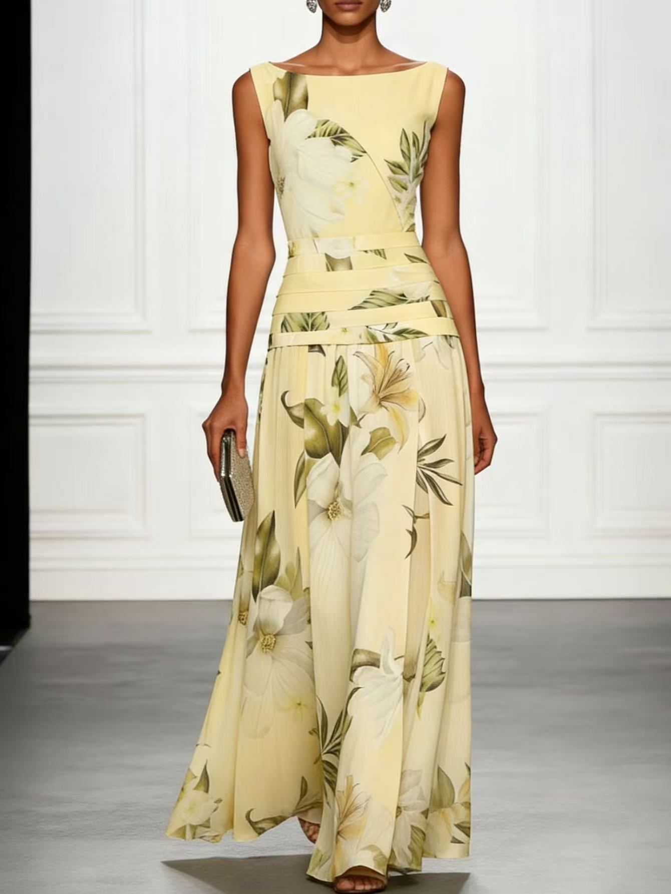Sexy V-neck Retro Floral Print Women Dress Sleeveless Backless Waist Slim Long Dress