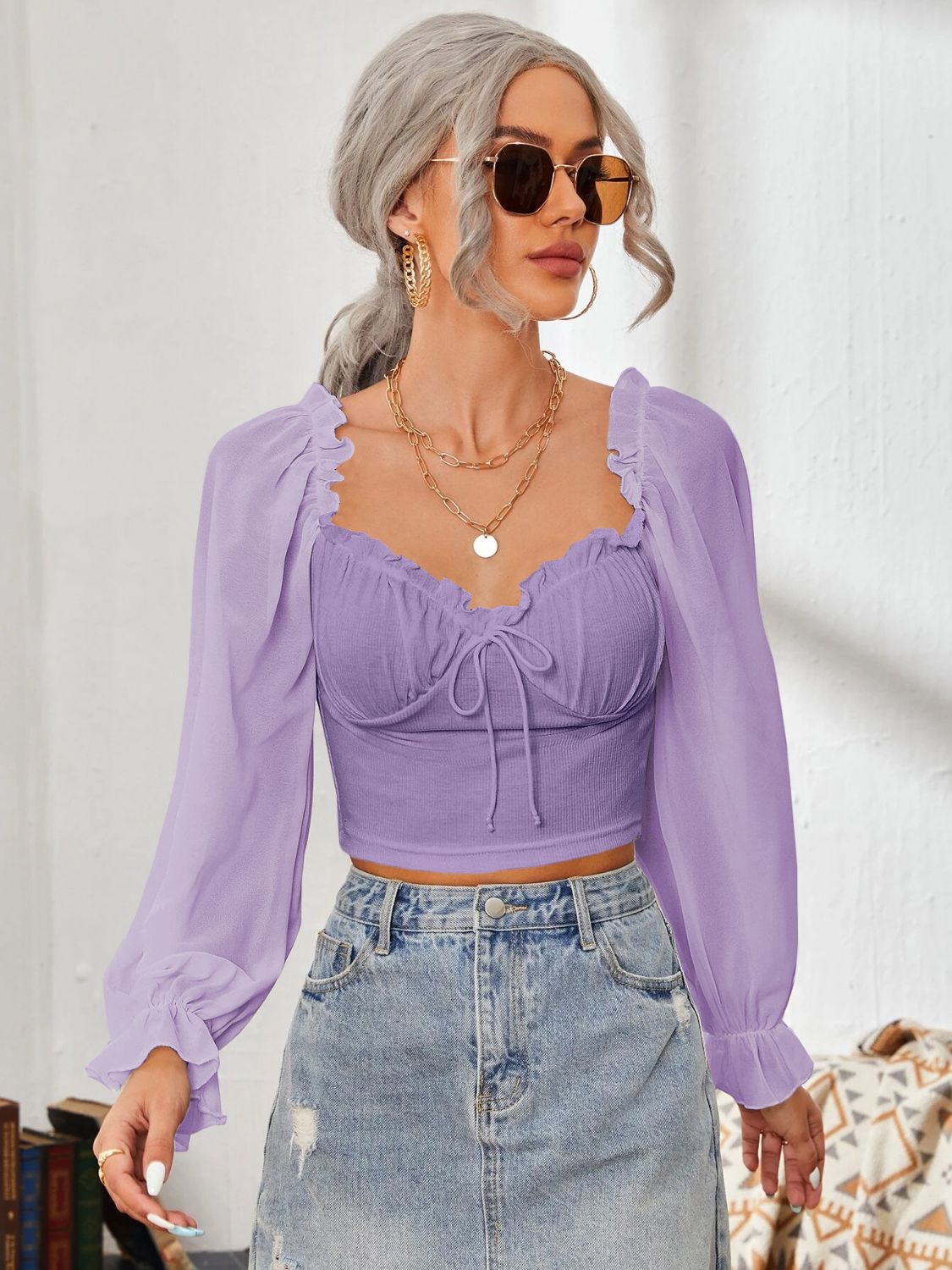 Mesh Sweetheart Neck Flounce Sleeve Top – product image 26