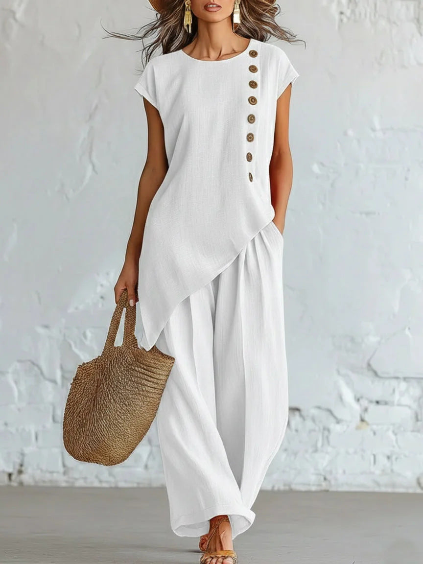 Womens Solid-Color Crew-Neck Buttoned Short-Sleeve Wide-Leg Pants Set
