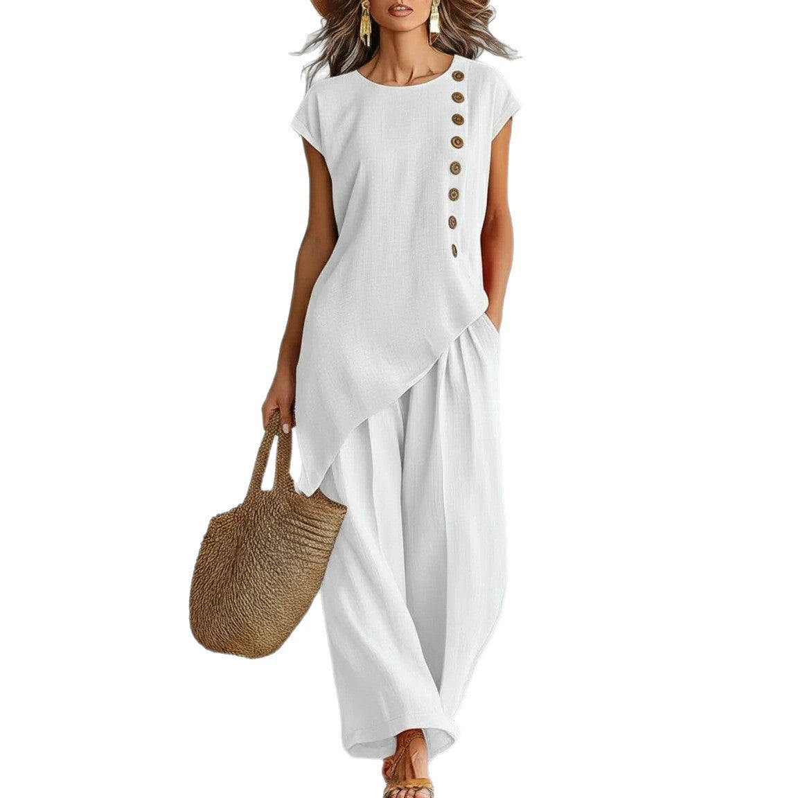 Womens Solid-Color Crew-Neck Buttoned Short-Sleeve Wide-Leg Pants Set