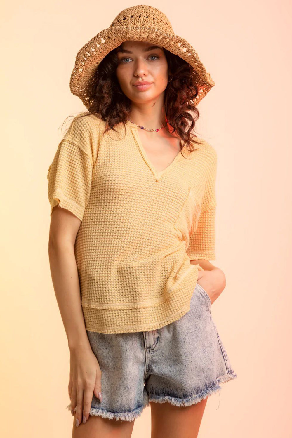 Waffle-Knit Notched Half Sleeve T-Shirt – product image 8