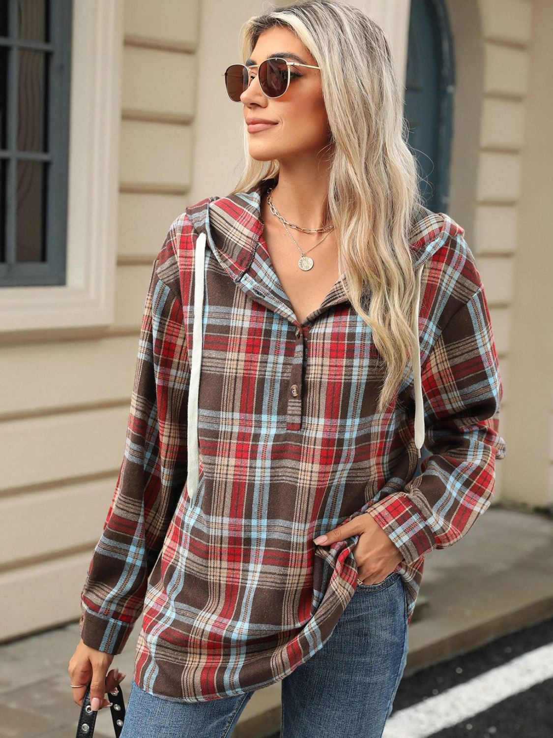 Drawstring Plaid Hooded Long Sleeve Top – product image 16