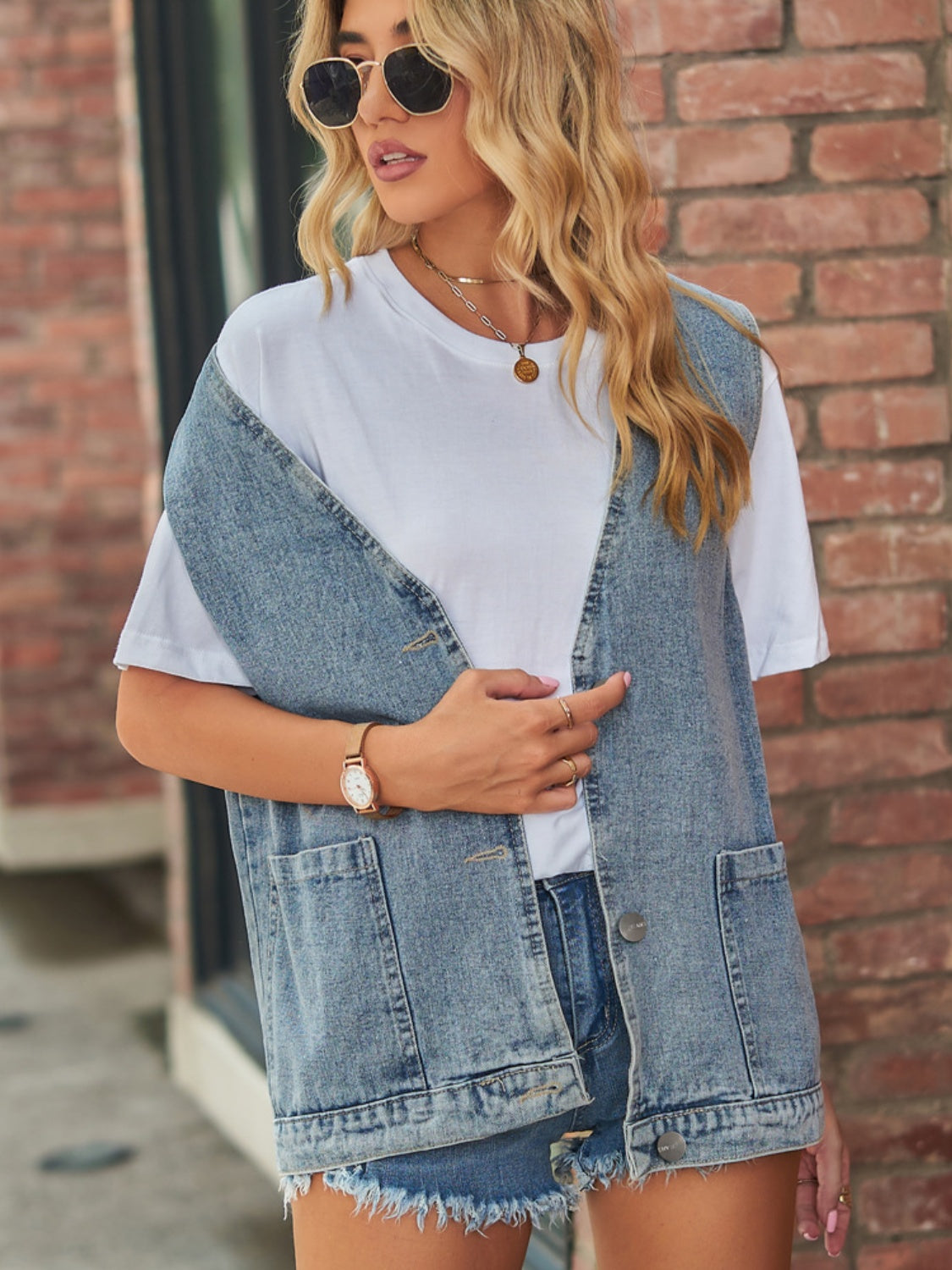 Full Size V-Neck Button Up Denim Vest – product image 11