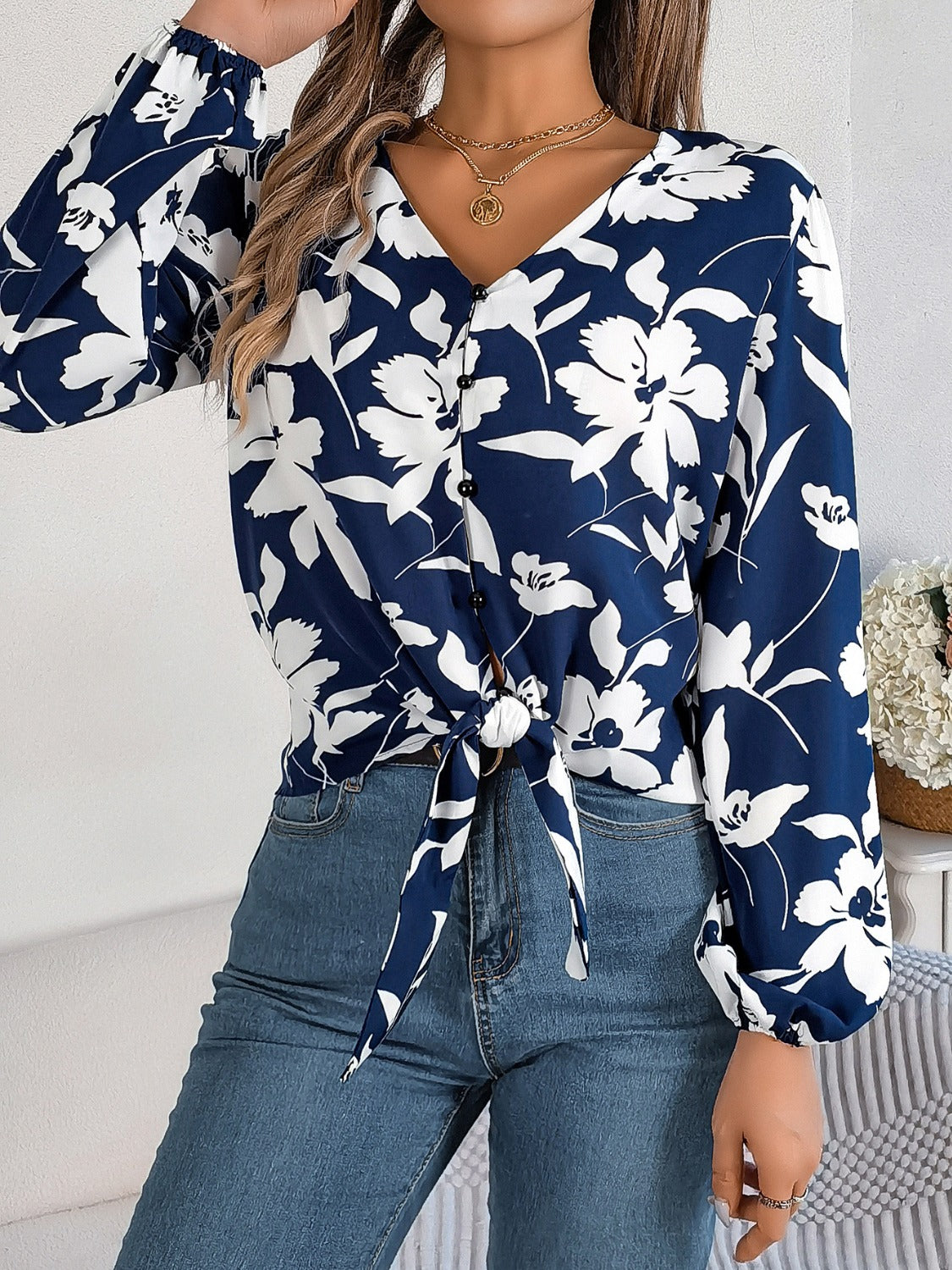 Printed V-Neck Long Sleeve Blouse – product image 15