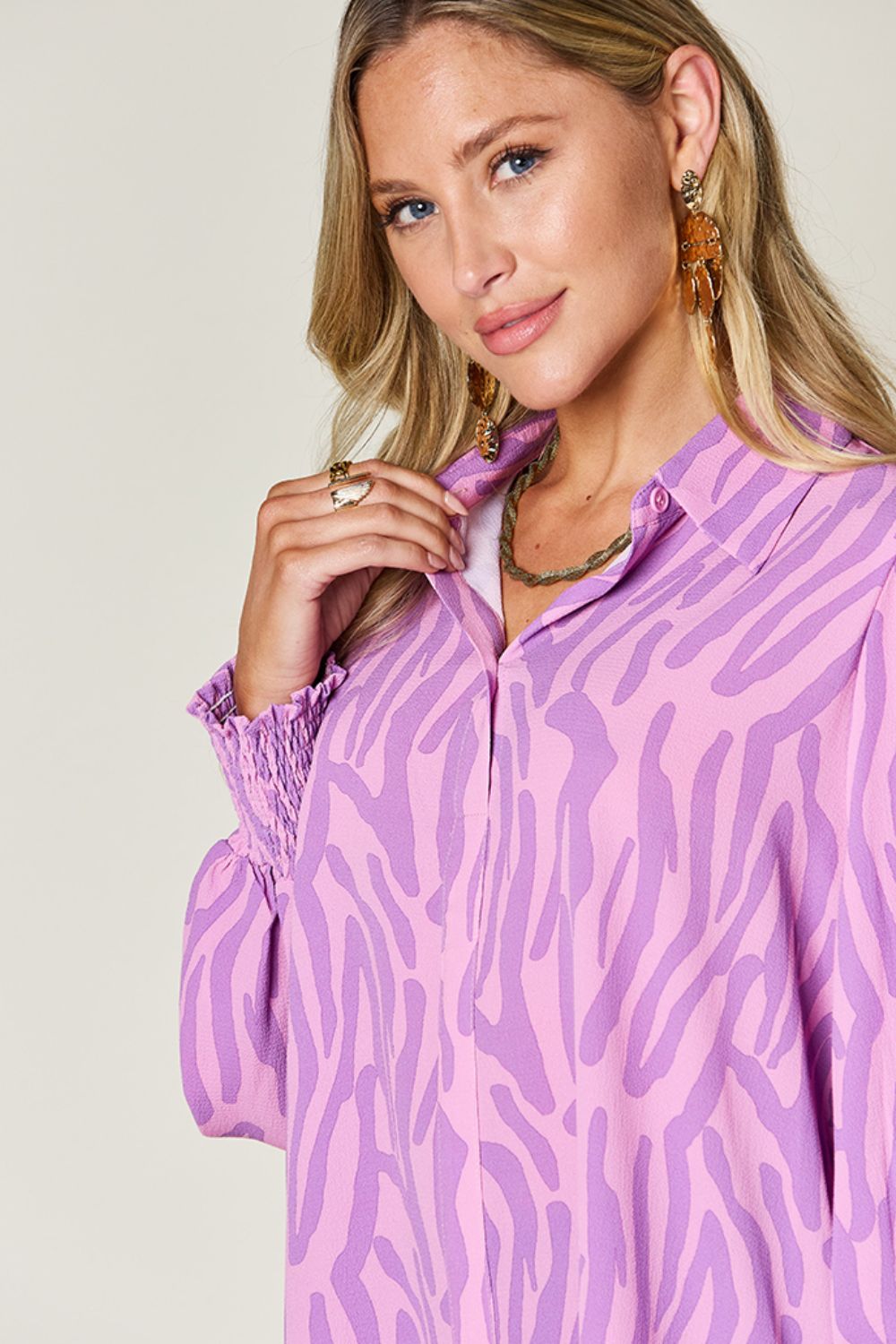 Double Take Full Size Printed Smocked Long Sleeve Blouse – product image 14