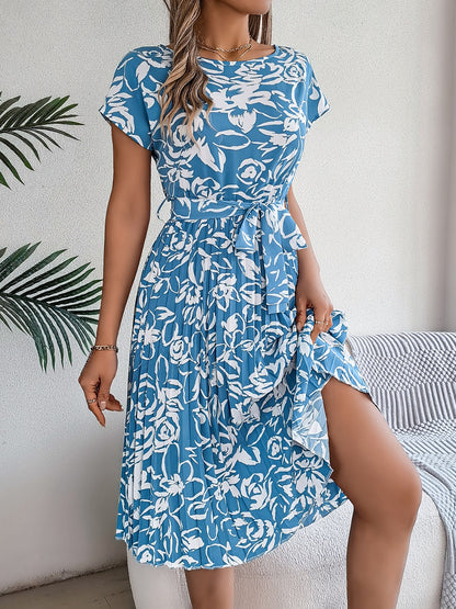 Tied Pleated Printed Short Sleeve Dress – product image 10