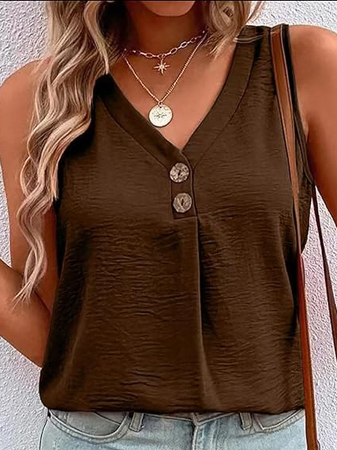 Full Size Decorative Button V-Neck Tank – product image 20