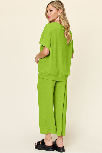 Double Take Full Size Texture Round Neck Short Sleeve T-Shirt and Wide Leg Pants – product image 15