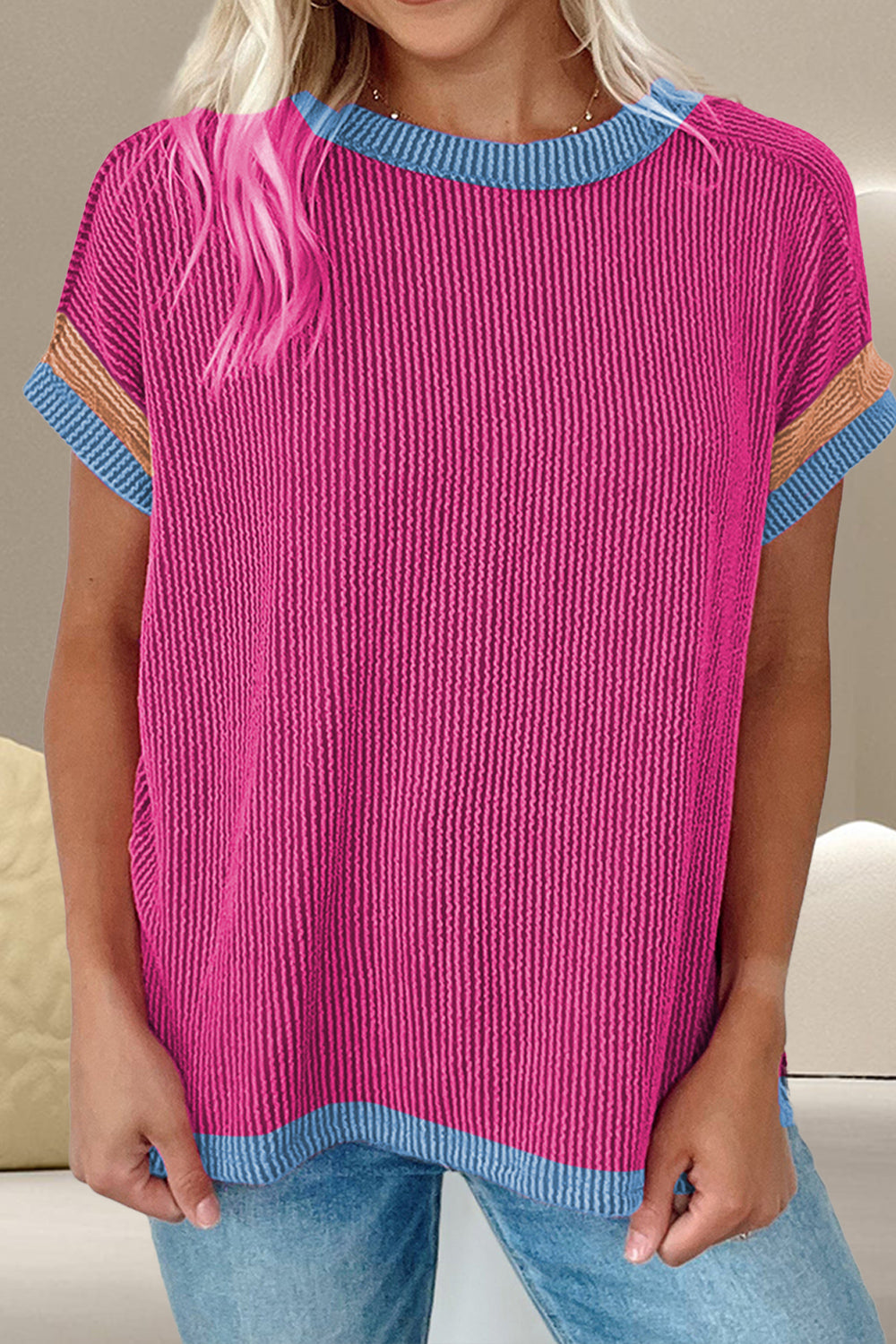 Color Block Round Neck Cap Sleeve T-Shirt – product image 8
