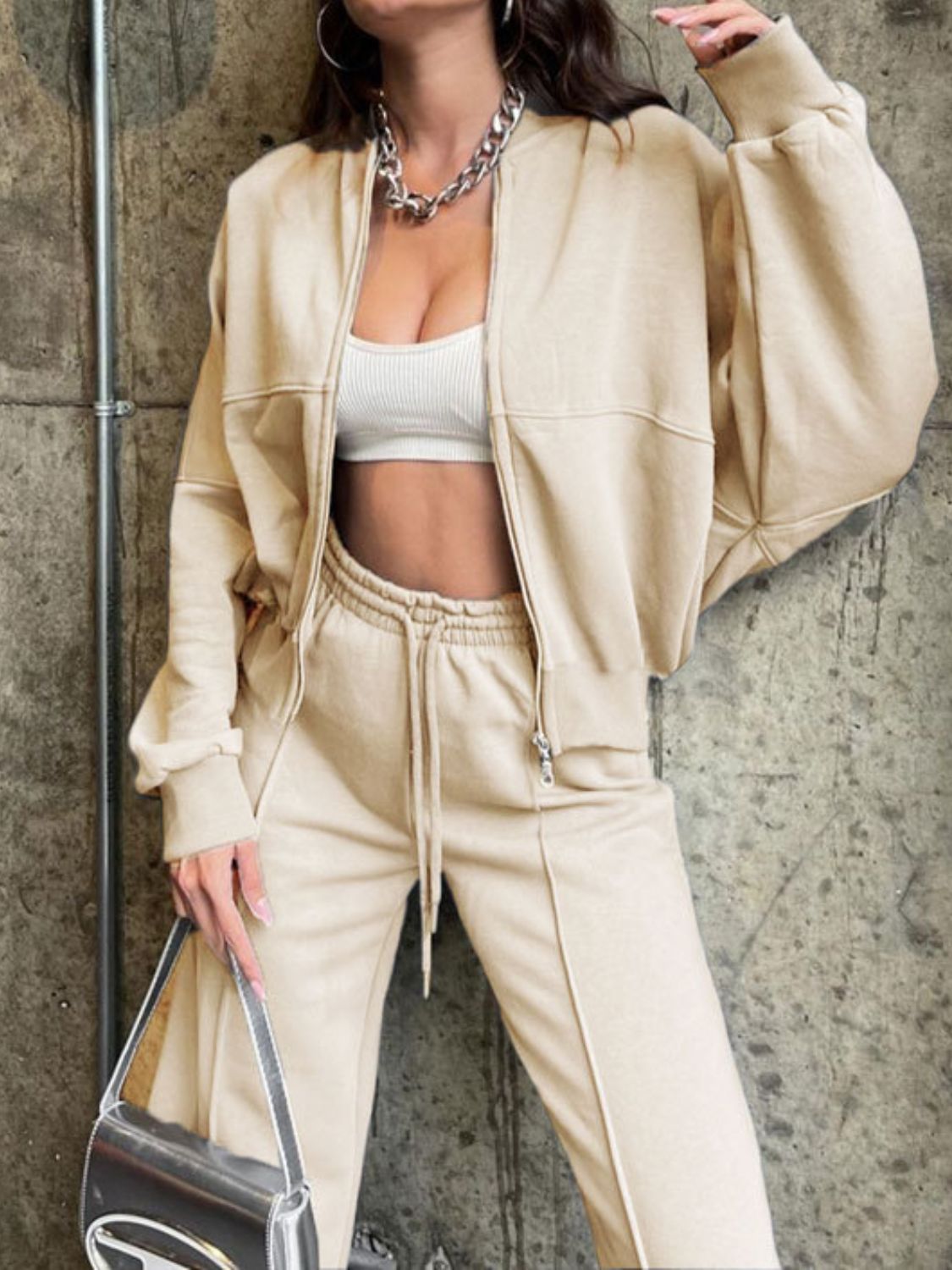 Baseball Collar Zip Up Top and Drawstring Paants Set – product image 5