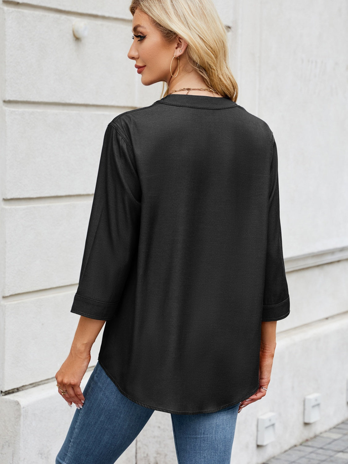 Notched Three-Quarter Sleeve Denim Top – product image 3