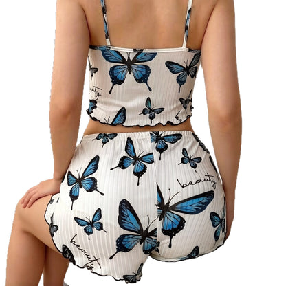 Women's Summer Thin Ribbed Home Wear Pajama Set Sexy Two-Piece
