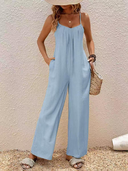 Adjustable-strap Jumpsuit Vacation Style Solid Color Elegant
