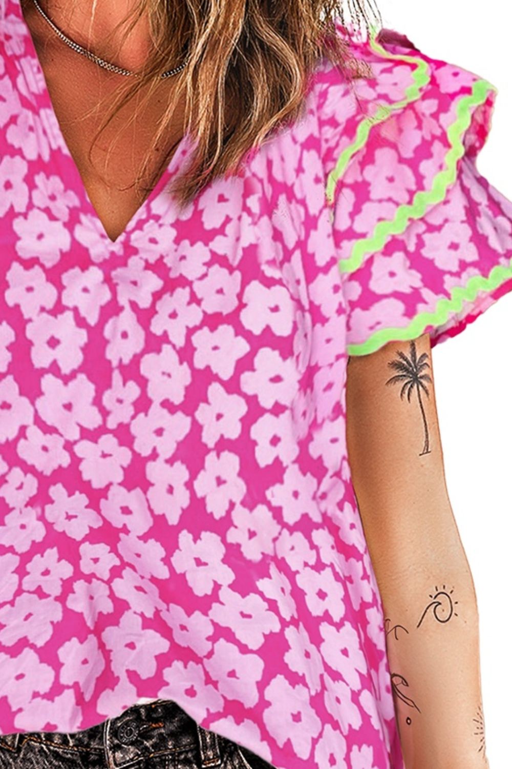 Printed V-Neck Flounce Sleeve Blouse – product image 5
