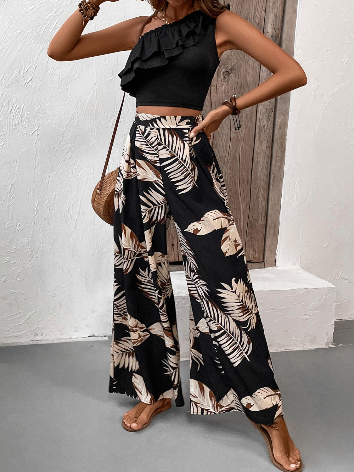 Ruffled Sleeveless Top and Printed Pants Set – product image 2