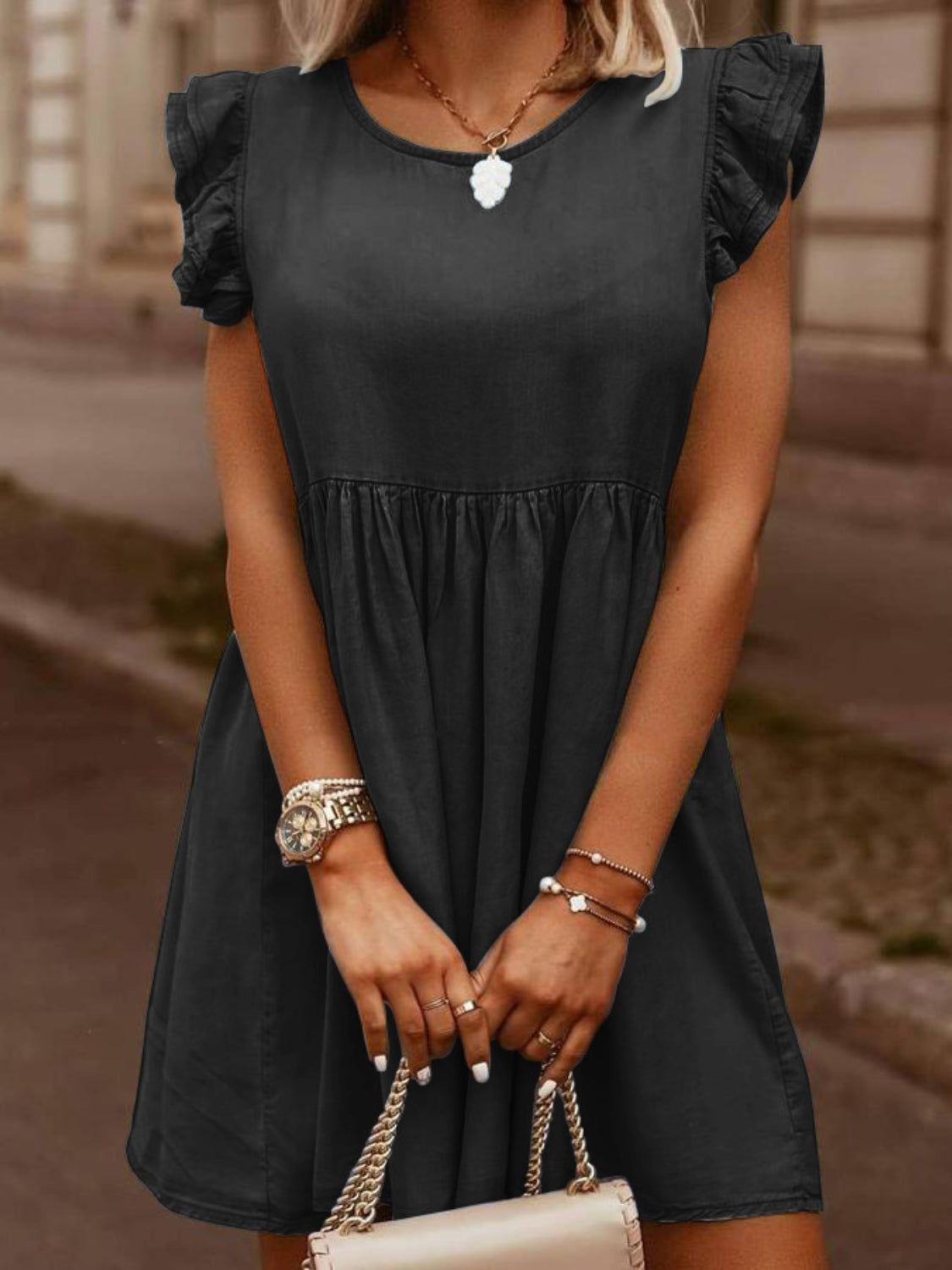 Full Size Ruffled Round Neck Cap Sleeve Denim Dress – product image 7