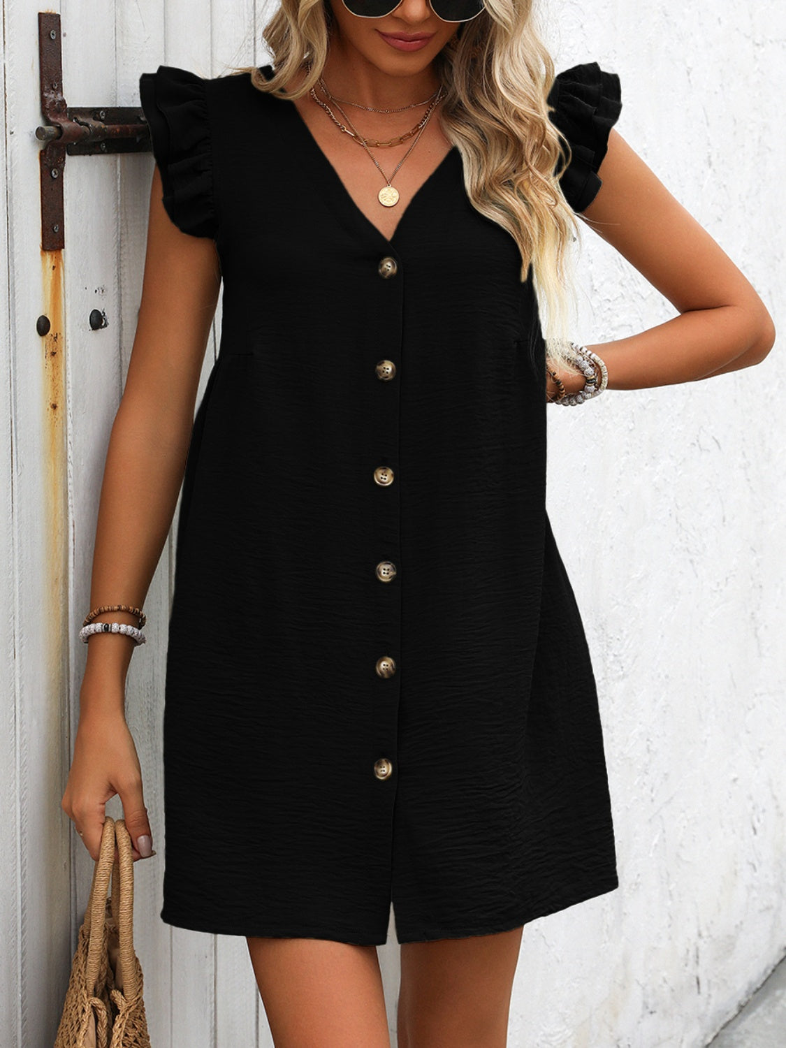 Button Up V-Neck Cap Sleeve Mini Dress – product image 10