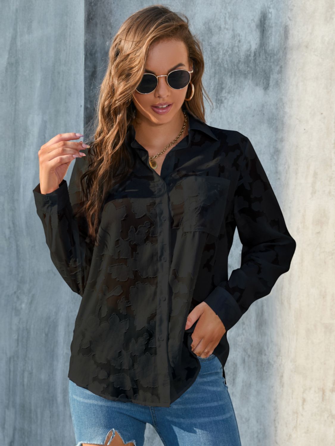Full Size Collared Neck Long Sleeve Shirt Plus Size – product image 23