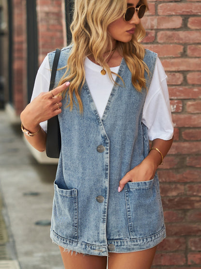 Full Size V-Neck Button Up Denim Vest – product image 15