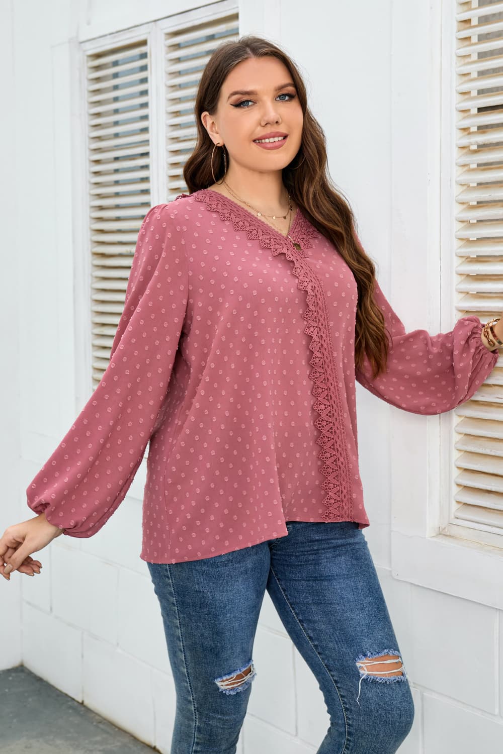 Melo Apparel Plus Size Lace Trim V-Neck Balloon Sleeve Blouse – product image 3