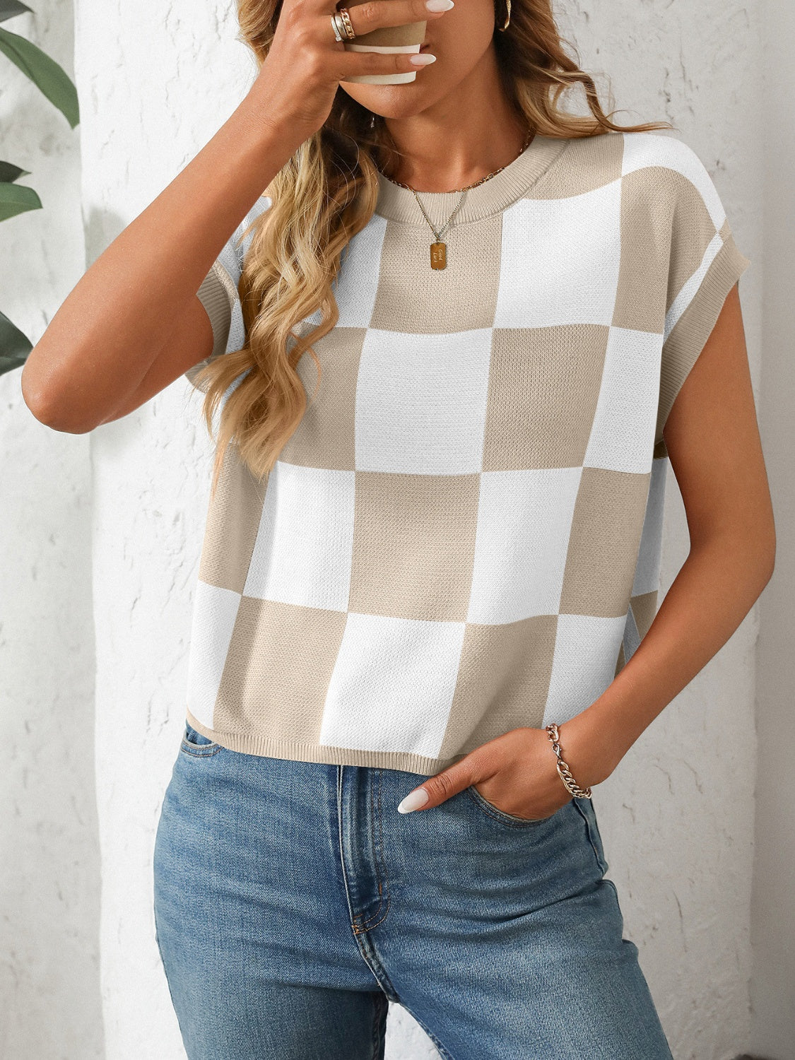 Mandy Checkered Round Neck Cap Sleeve Knit Top – product image 18
