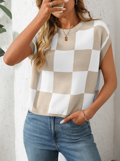 Mandy Checkered Round Neck Cap Sleeve Knit Top – product image 18