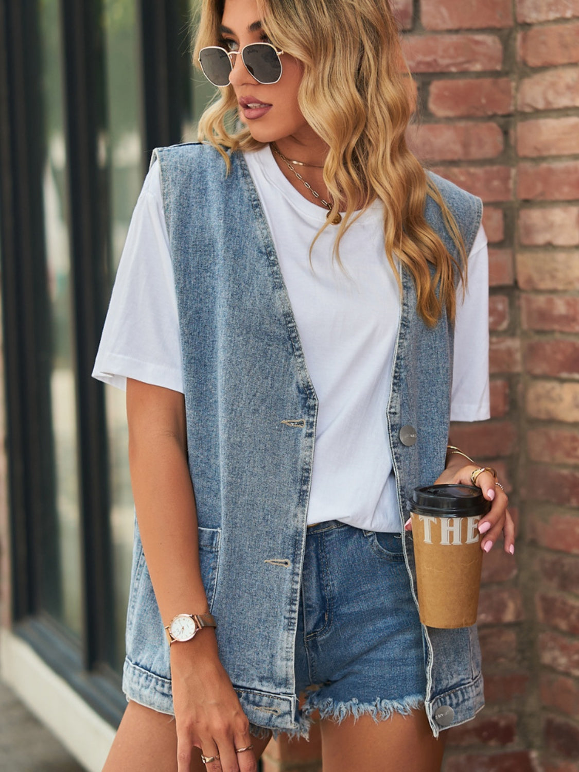 Full Size V-Neck Button Up Denim Vest – product image 13