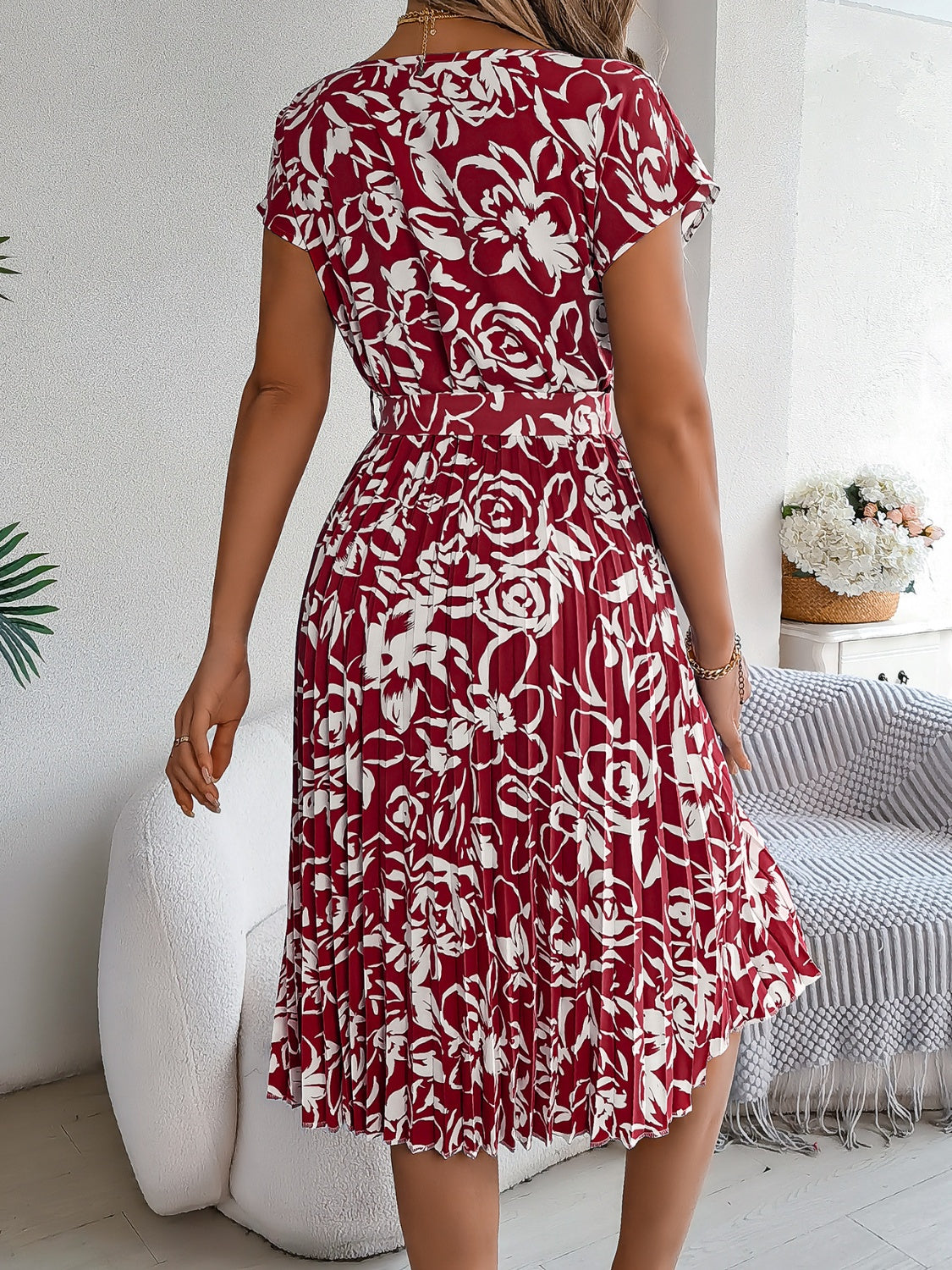 Tied Pleated Printed Short Sleeve Dress – product image 9