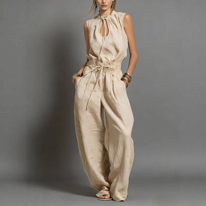 Personalized Street-style Loose-fitting Sleeveless Waist-cinching Wide-leg Jumpsuit