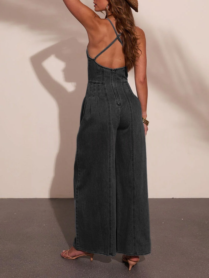 Women's Washed High-Stretch Wide-Leg Jumpsuit