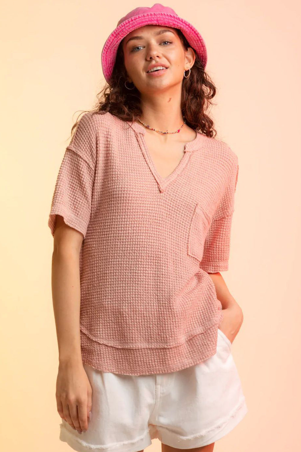Waffle-Knit Notched Half Sleeve T-Shirt – product image 4