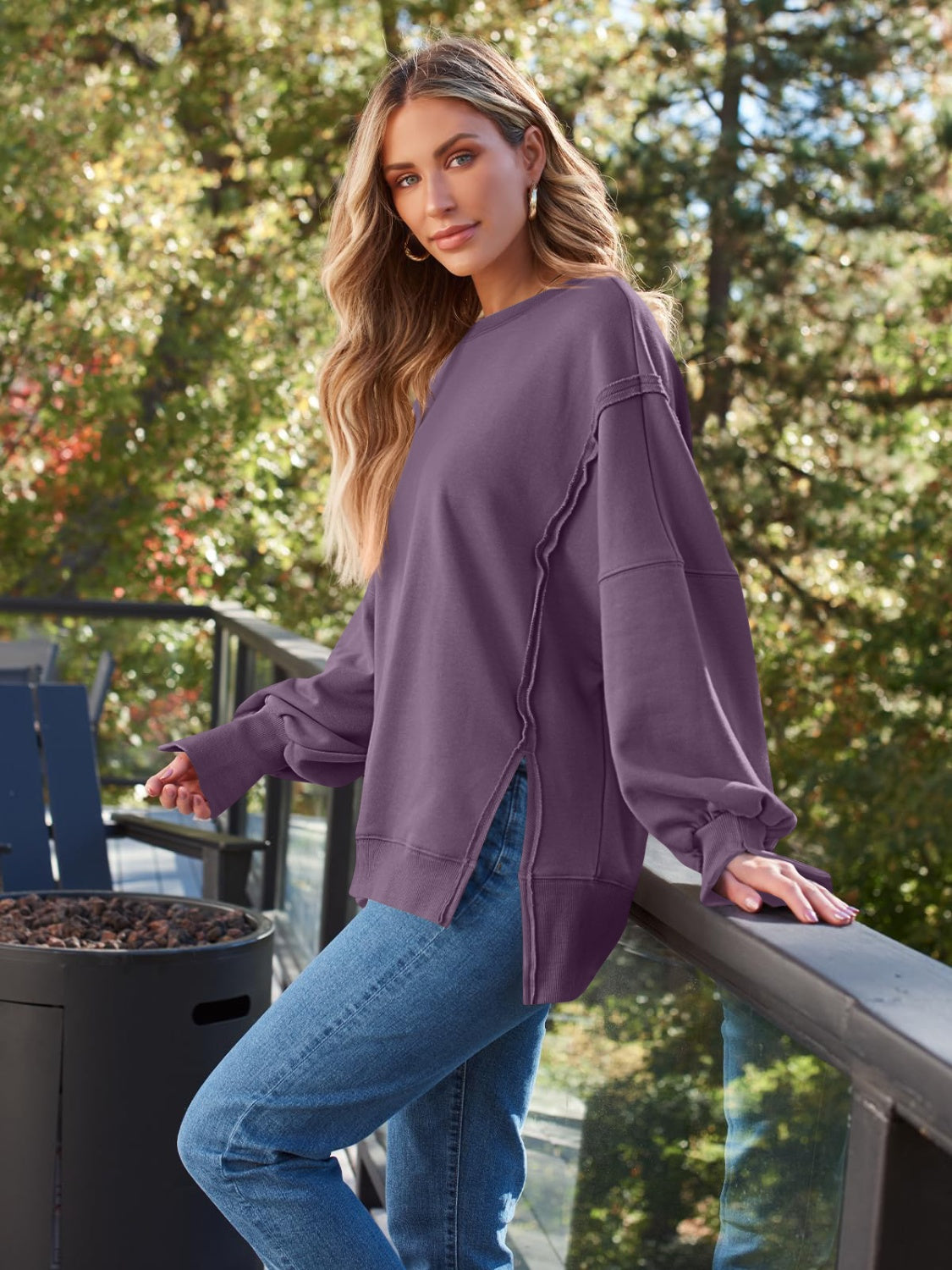 Slit Round Neck Long Sleeve Sweatshirt – product image 18