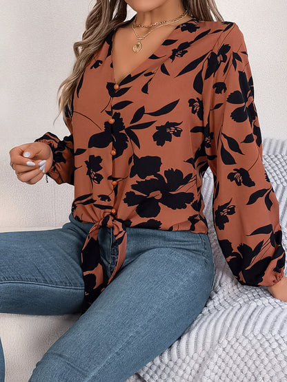 Printed V-Neck Long Sleeve Blouse – product image 10