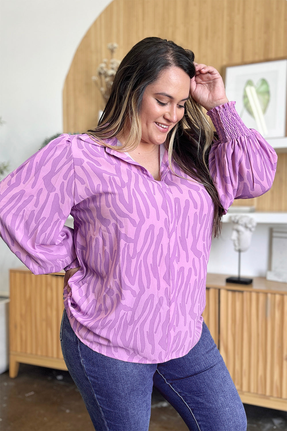 Double Take Full Size Printed Smocked Long Sleeve Blouse – product image 3