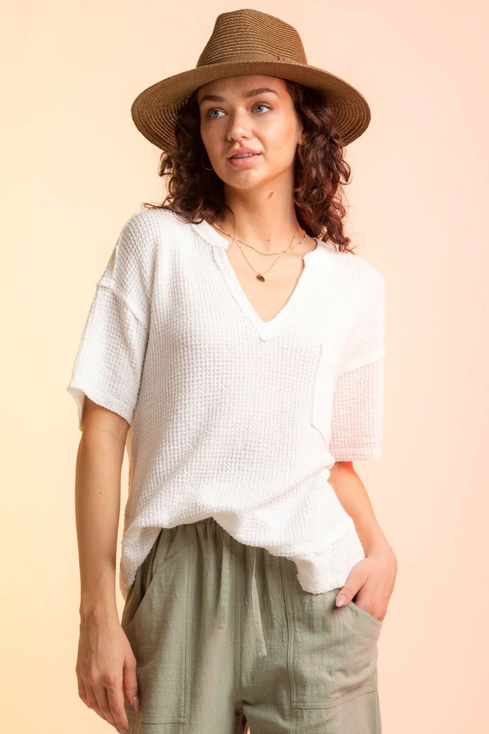 Waffle-Knit Notched Half Sleeve T-Shirt – product image 1