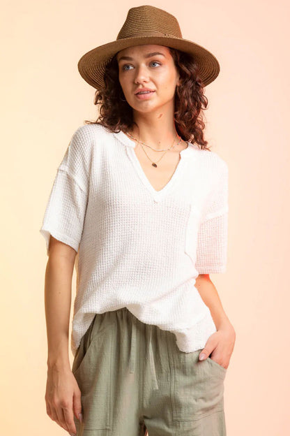 Waffle-Knit Notched Half Sleeve T-Shirt – product image 1