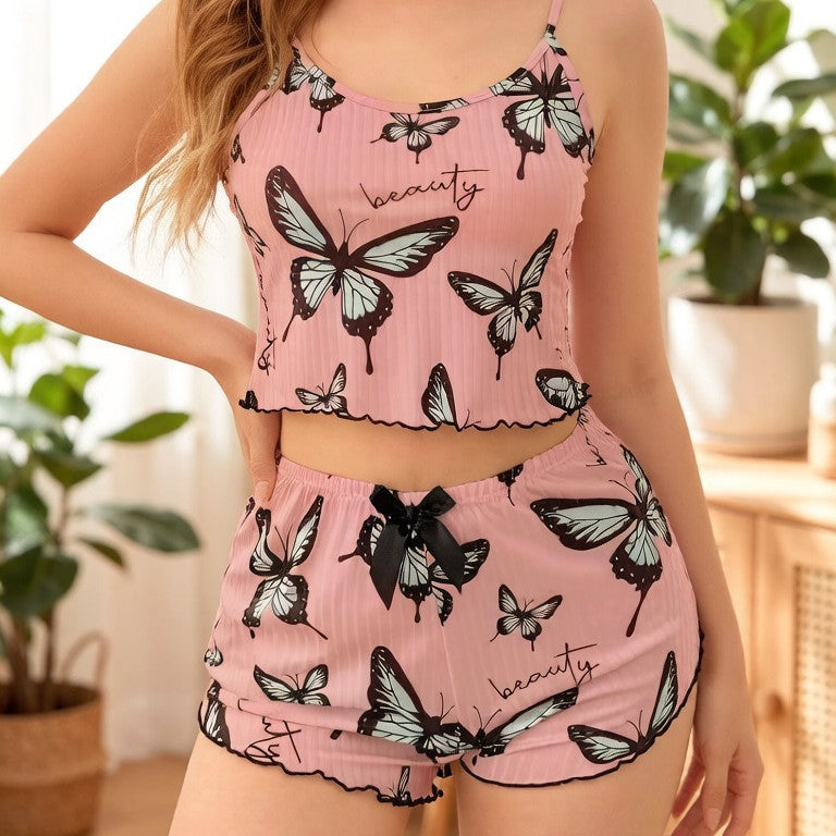 Women's Summer Thin Ribbed Home Wear Pajama Set Sexy Two-Piece