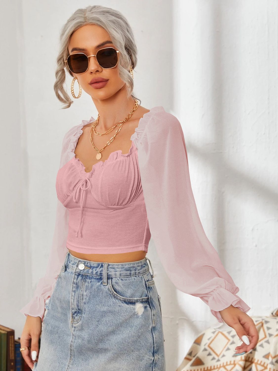 Mesh Sweetheart Neck Flounce Sleeve Top – product image 14