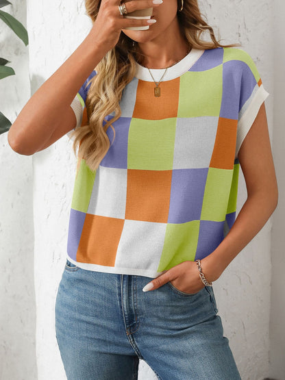 Mandy Checkered Round Neck Cap Sleeve Knit Top – product image 23
