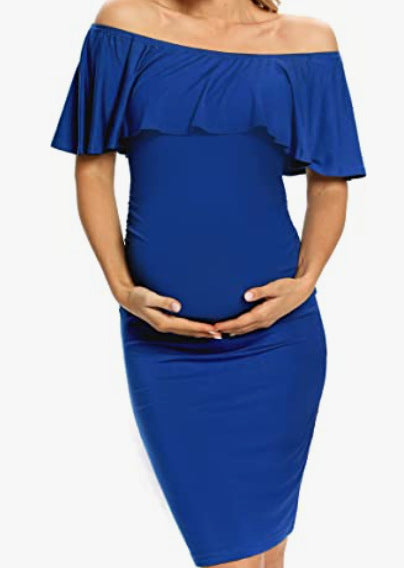 Off-Shoulder Sleeveless Maternity Dress with Frills