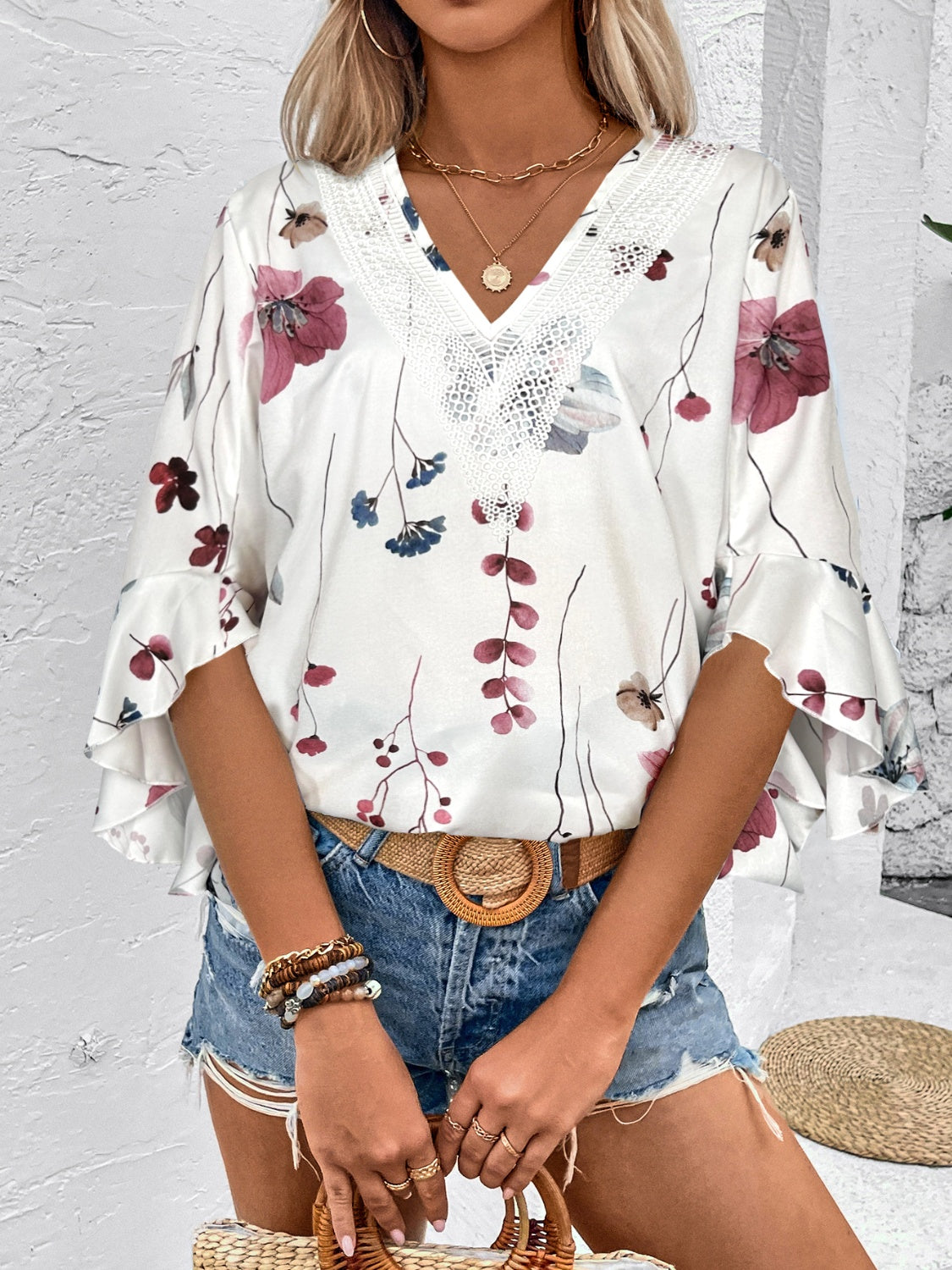 Ruffled Printed V-Neck Half Sleeve Blouse – product image 9