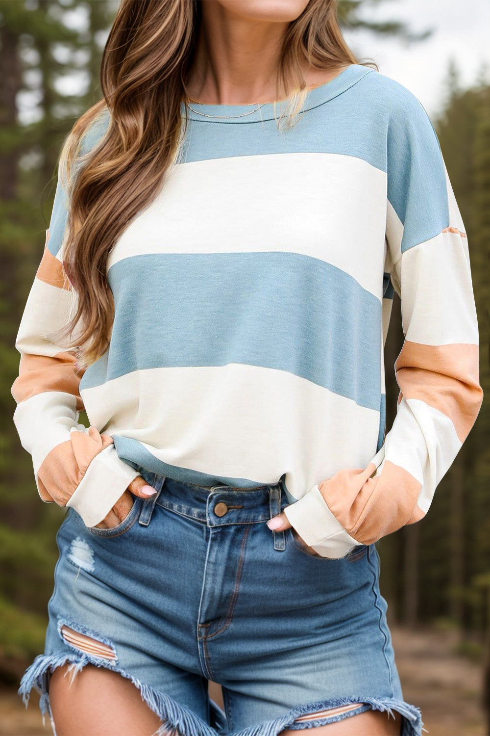 Contrast Color Block Round Neck Long Sleeve Top – product image 9
